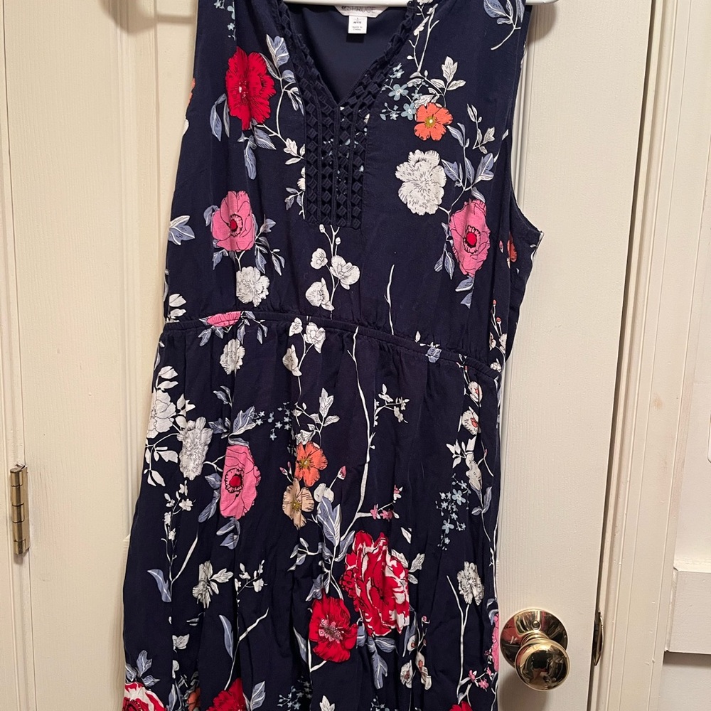 Floral Sleeveless Dress - Navy with Multicolor Flowers